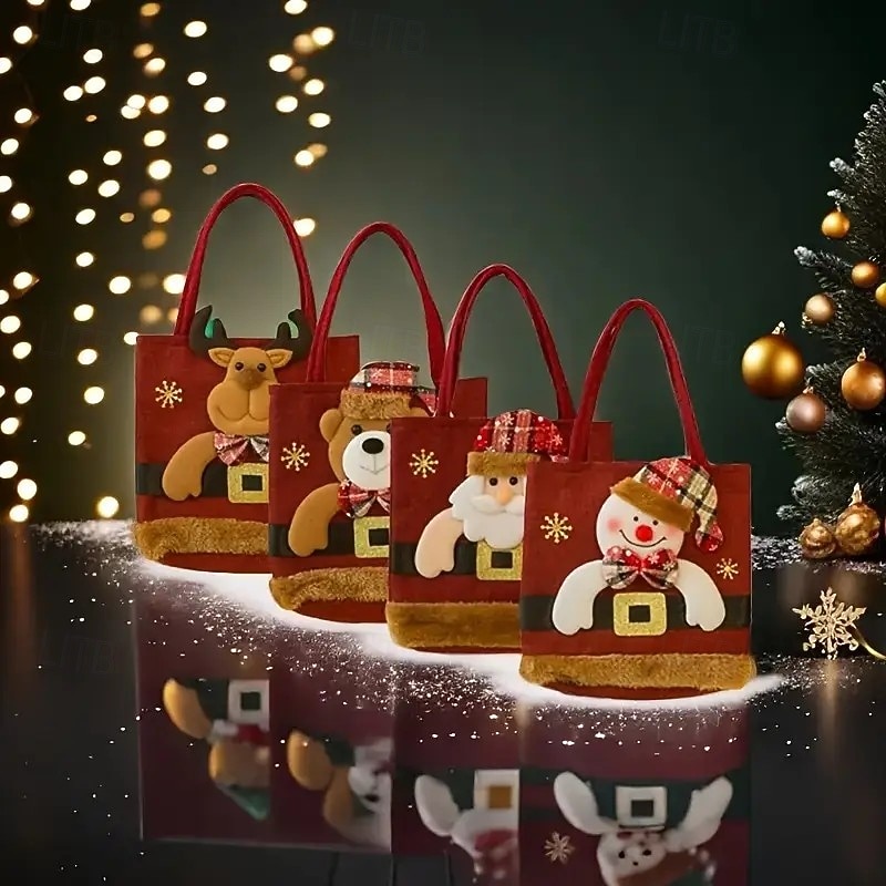 Sada 4 vánočních dárkových tašek pro panenky, mini plyšové sáčky s motivem Santa Clause a sněhuláka a sobů, sáčky na vánoční dárky 2025 - $26.99 –P4