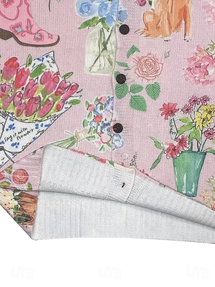 2025年 レディース カーディガン セーター ニット リブ編み ボタン フロント ラウンドネック 長袖 軽量 女性 デイリー アニマル クルーネック ボタン プリント ロング トップス ニット アウトドア ウィークエンド ピンク 秋 冬  コレクション – $36.99 –P3