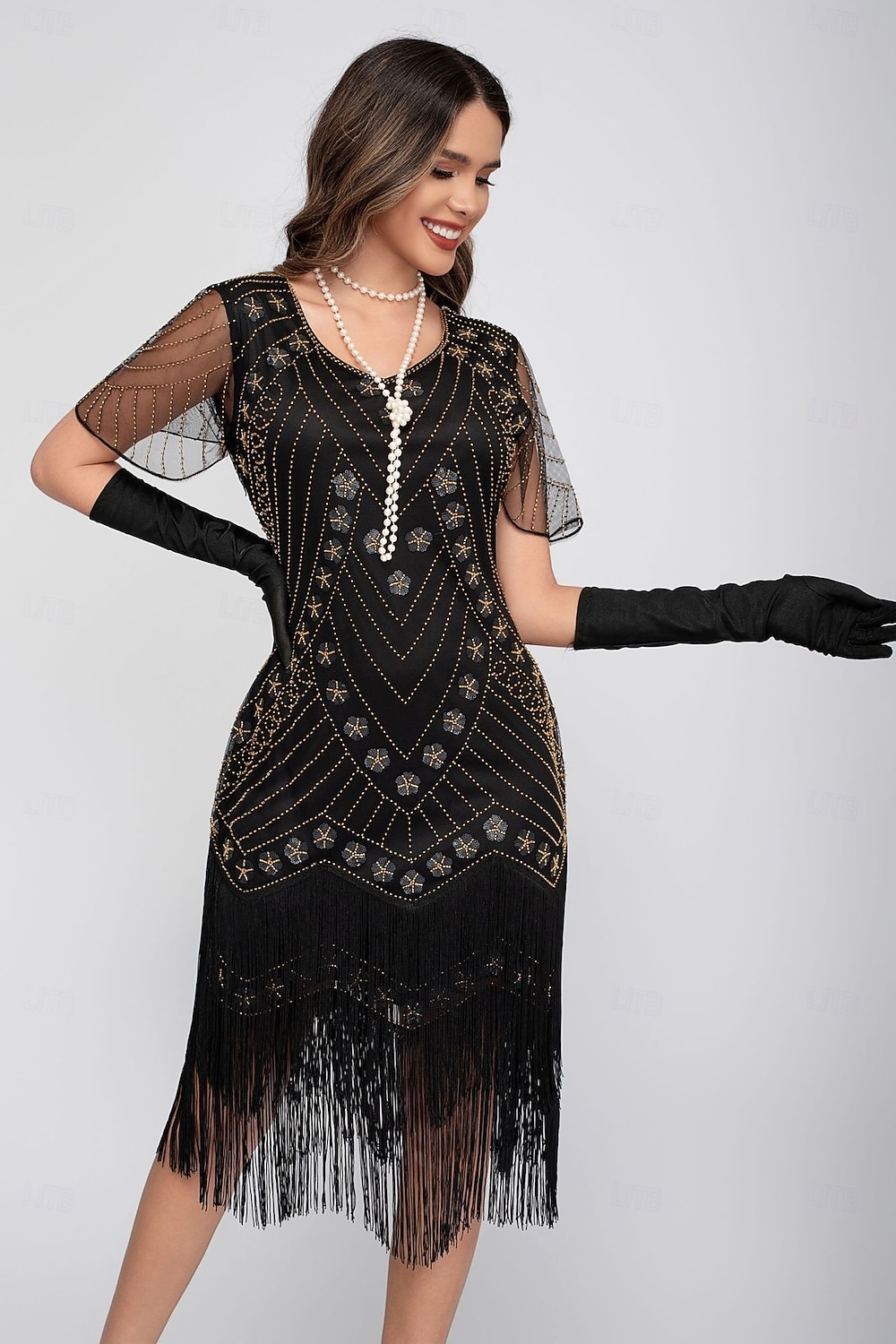 Rugido 20s 1920s Hasta la Rodilla Vestido Flapper Mangas cortas El gran Gatsby Chica de la aleta Lentejuelas Franja Funda Columna Escote en Pico Disfraz Mujer Navidad Carnaval Fiesta de Noche Boda 2026 - $46.99 –P12