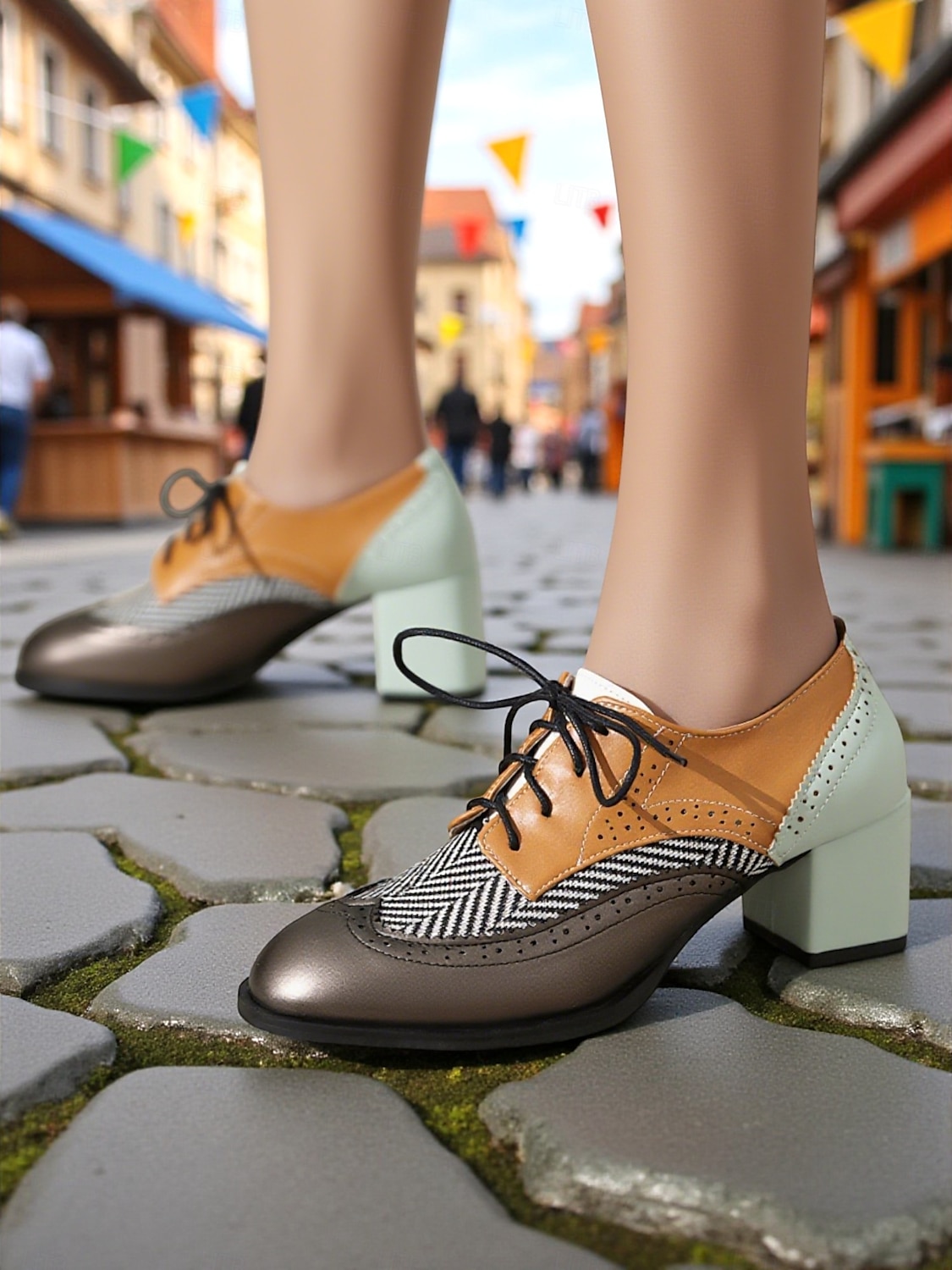 Zapatos brogue oxford de tacón grueso con bloques de color para mujer: zapatos de vestir vintage con cordones de los años 50 con detalle de espiga de tweed para la oficina, el Oktoberfest y la moda de 2026 - $46.99 –P3
