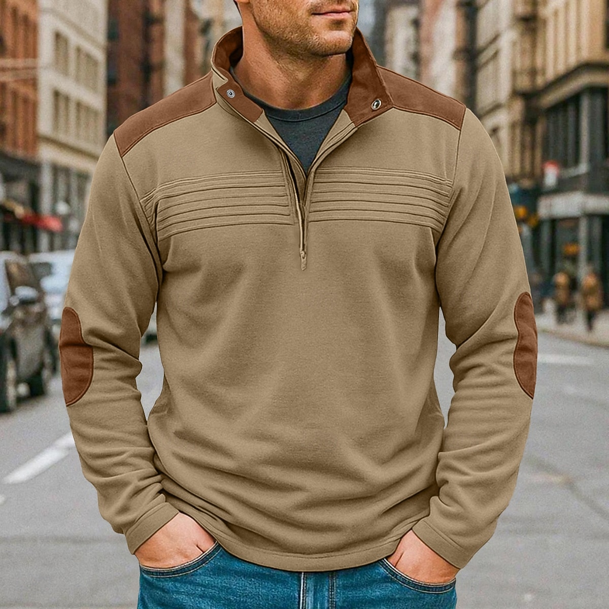 Herren T-Shirt Langarm Stehkragen Herbst Frühling & Herbst Farbblock Mode Designer Basic Patchwork Urlaub Straße Lässig Schwarz Marineblau Kaki Top T-Shirt für Herren 2025 - $23.99 –P1