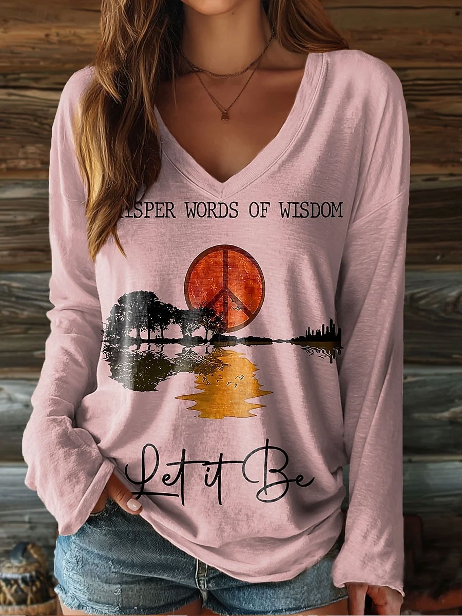 Dame T-skjorte Langermet Grafisk Bokstav Vintage Stilig Klassisk Langermet V-hals Vanlige Topper Daglig Helg Trykk Gul Rosa Brunt Grønn Vår Høst Forhøst 2026 - $24.99 –P2