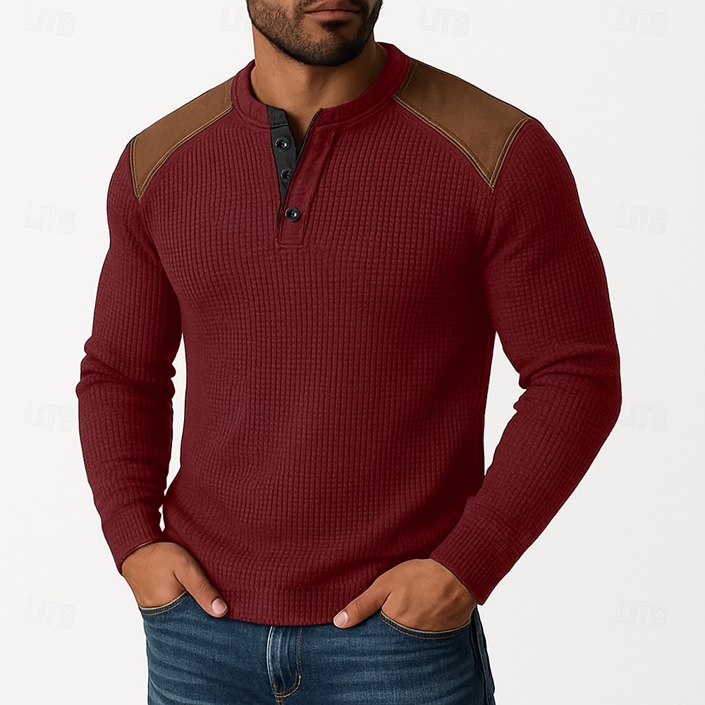 Herren Waffel-Henley-Hemd T-Shirt Langarm Henley Herbst Frühling & Herbst Farbblock Mode Designer Basic Patchwork Urlaub Straße Lässig Schwarz Weiß Burgunderrot Top T-Shirt für Herren 2025 - $20.99 –P4