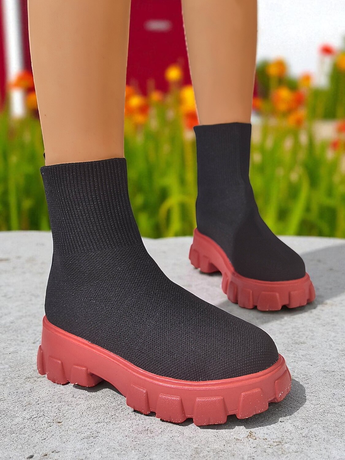 Dámské černé ponožkové kozačky s robustní červenou podrážkou – stylové strečové pletené kotníkové boty na streetwear, podzimní a zimní outfity 2025 - $26.99 –P2