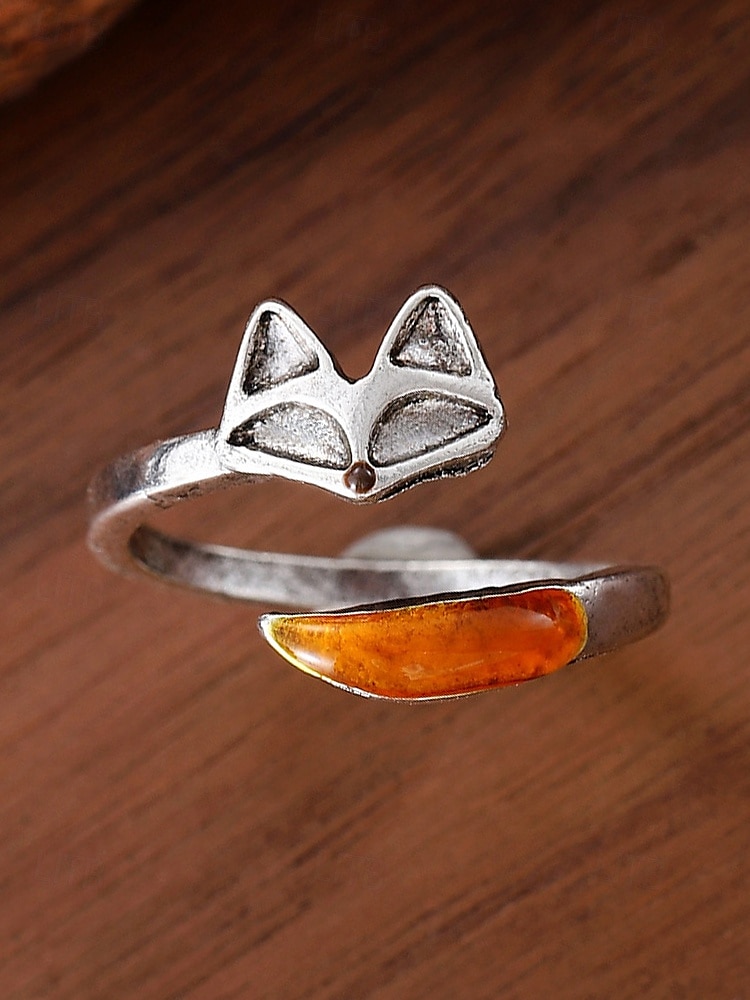 anello in lega regolabile da donna con design a forma di volpe – grazioso anello aperto a forma di animale con accenti color ambra per ragazze e donne, ideale per l'uso quotidiano, regali e abiti casual del 2025 a $7.99 –P5