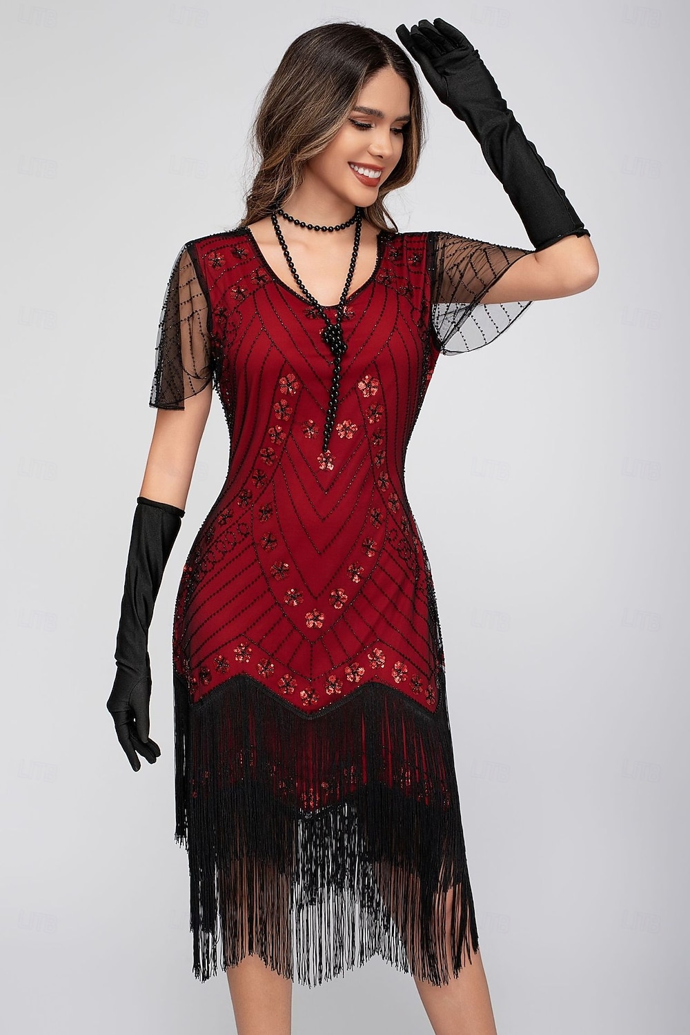 Rugido 20s 1920s Hasta la Rodilla Vestido Flapper Mangas cortas El gran Gatsby Chica de la aleta Lentejuelas Franja Funda Columna Escote en Pico Disfraz Mujer Navidad Carnaval Fiesta de Noche Boda 2026 - $46.99 –P17