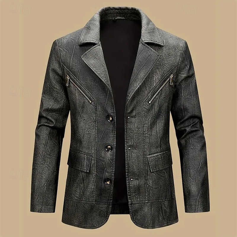 Herr Imitationsläderjacka Blazer i konstläder Bikerjacka Semester Dagligen Vindtät Håller värmen Ficka Vår Höst Slät Mode Klassisk Kavajslag Normal Imitationsläder Svart Kaffe Jacka 2025 - $55.99 –P1