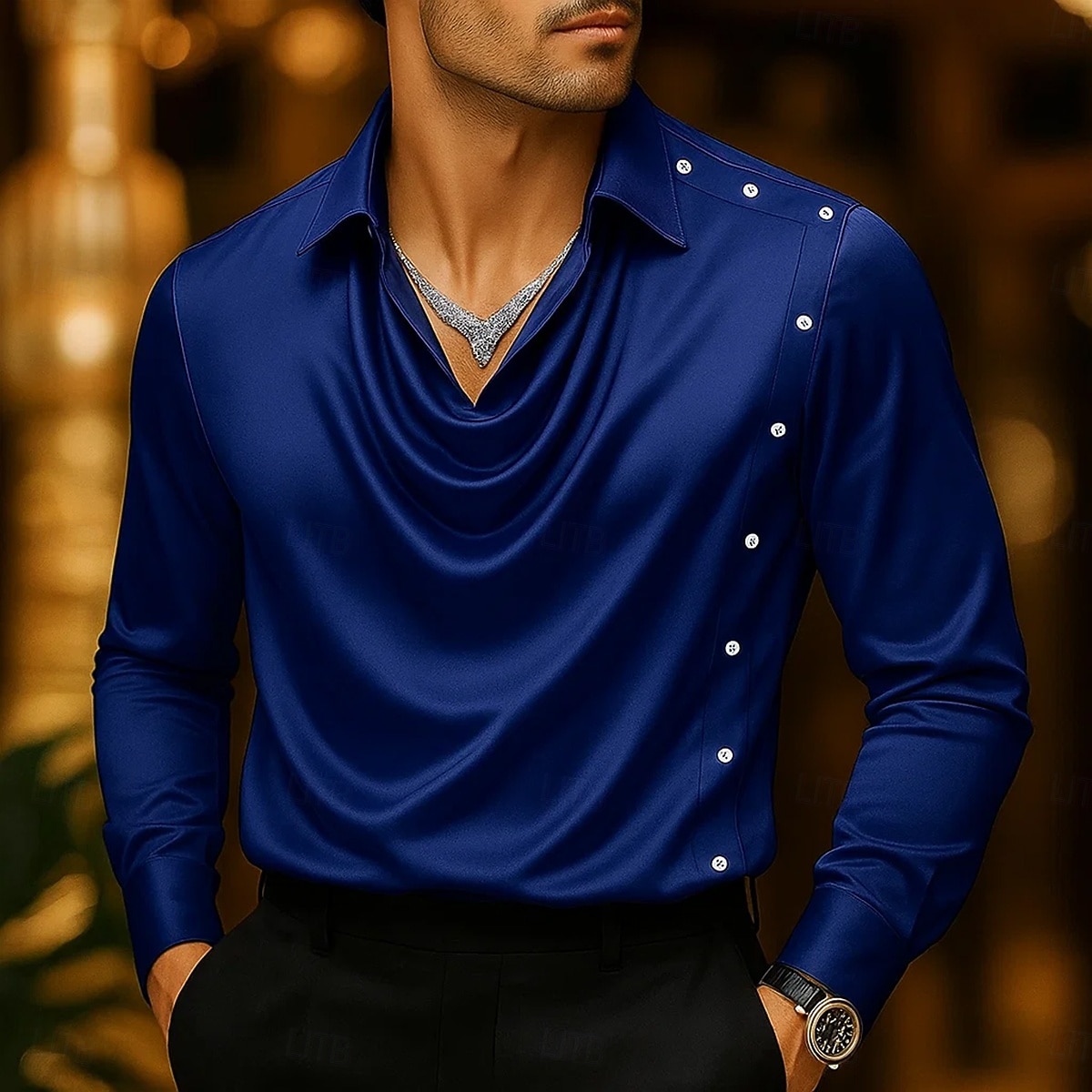 Herren Hemd Seidenartig Satinhemd Freizeithemd Einfach Formell Hochzeit Schwarz Wein Marineblau Gold Langarm Wasserfallausschnitt Frühling & Herbst Ganzjahres Bekleidung Gerafft 2025 - $21.99 –P4