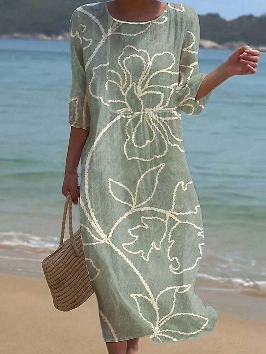 Damen Maxi Kleid Kaftan 3/4 Länge Ärmel Rundhalsausschnitt Lässiges Kleid A-Linie Kleid Boho Lockere Passform Florales Grafik V-Ausschnitt Weiß Gelb Hellgrün Grün Frühling Herbst 2025 - $16.99 –P5