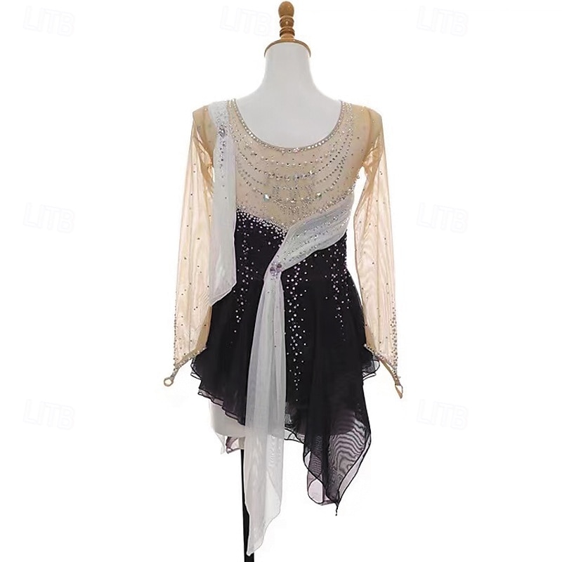 Eiskunstlaufkleid Damen Mädchen Eislaufen Kleid Schwarz Patchwork Daumenloch Netzstoff Spandex Dehnbar Training Übung Professionell Eiskunstlaufkleidung Thermowarm Kristall / Strass Langarm Eislaufen 2026 - $298.79 –P2