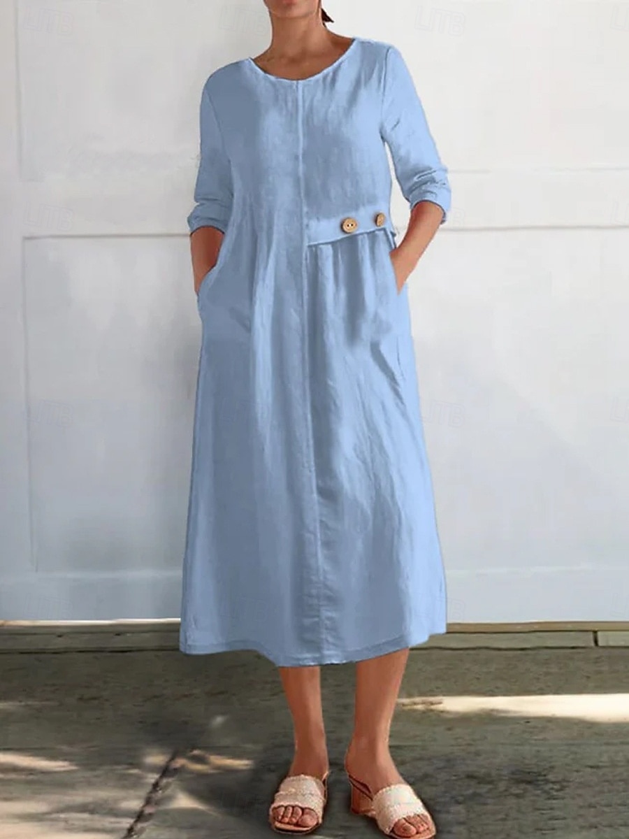 Femmes Robe Midi Robe Décontractée Robe en coton et lin Basique Moderne Quotidien Week-end Coupe régulière Uni Manche 3/4 Col ras du cou Noir Blanche Jaune Rouge Été Printemps Automne de 2025 ? $28.99 –P5