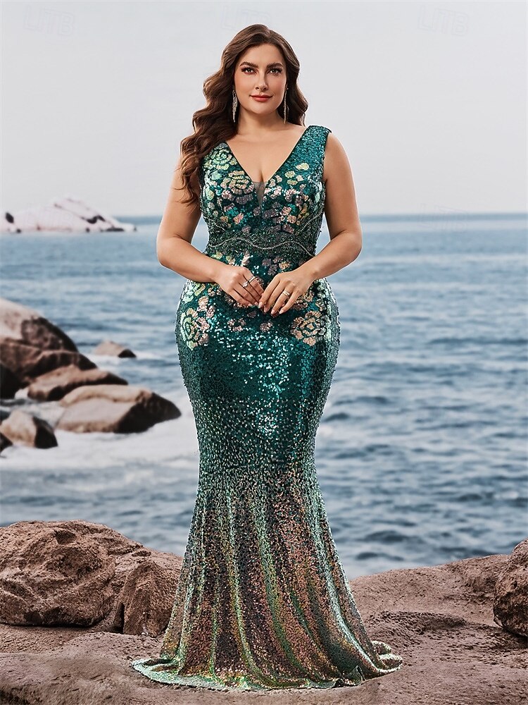 Meerjungfrau/Trompete Abendkleid, elegantes Kleid, formelle Abendparty, bodenlang, ärmellos, V-Ausschnitt, Herbst, Hochzeitsgast, Pailletten, V-Rücken mit Glitzerpailletten 2025 - $159.99 –P2