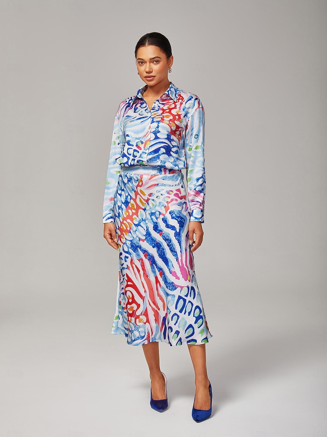 Damen Aquarell Leopardenmuster Satin lockeres kurzes Hemd mit überschnittenen Schultern Hemdkragen elegant stylisch lässig kräftiger Druck tägliche Arbeit Herbst 2025 - $58.99 –P2