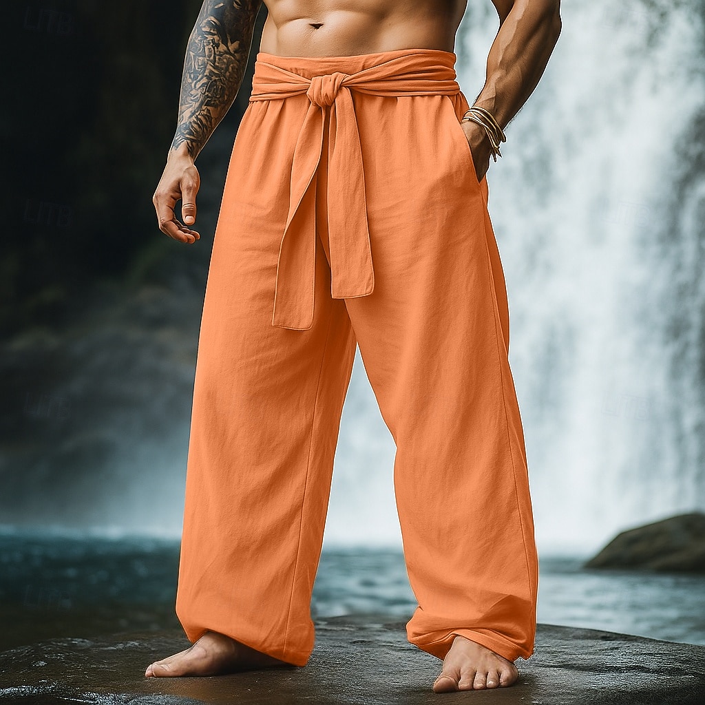 Homens Calças de linho Calças Calça verão Com Cordão Cintura elástica Perna larga Tecido Conforto Respirável Comprimento total Casual Diário Feriado Férias Moda Abóbora Branco Sem Elasticidade de 2025 por $27.99 –P1