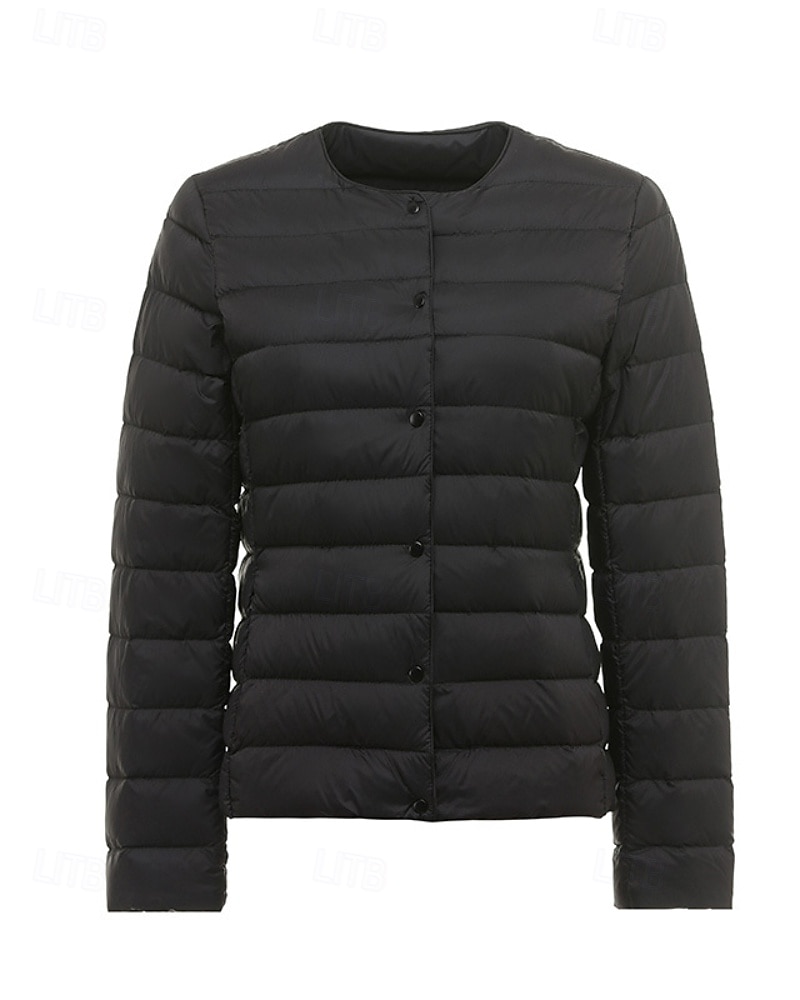 Dame Dunjakke Pufferjakke Hold Varm Bekvem Lomme Knapper Fritid عادي Ferie Ut på byen Fritid / hverdag Enkeltkneppet Normal Crewneck Normal Langermet Yttertøy Marineblå Svart Hvit Høst Vinter 2025 - $36.99 –P3