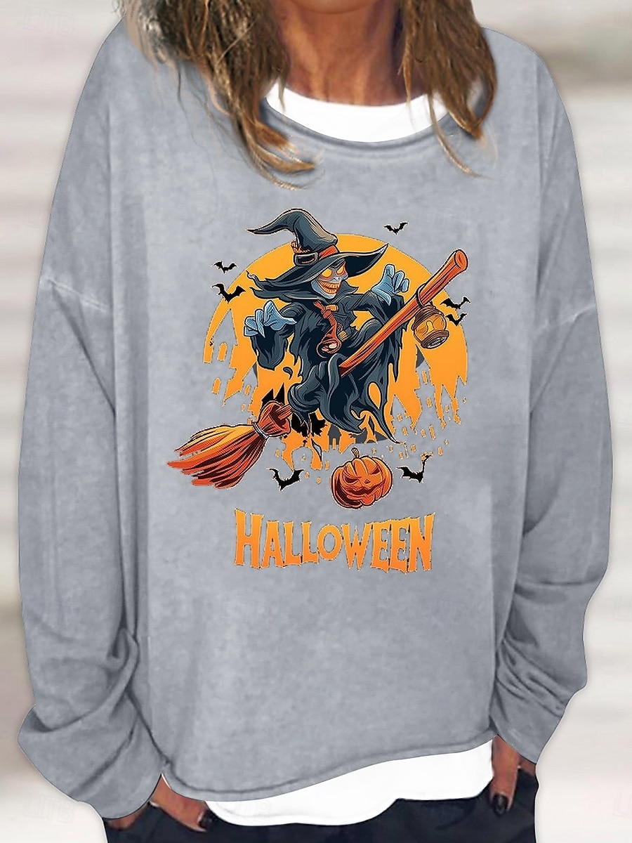 Sweatshirts Femme Halloween Décontracté Manches Longues Col Ronde Tops Classiques Imprimé Décontracté Noir Blanc Rose Kaki Gris Automne Hiver de 2025 ? $24.99 –P2