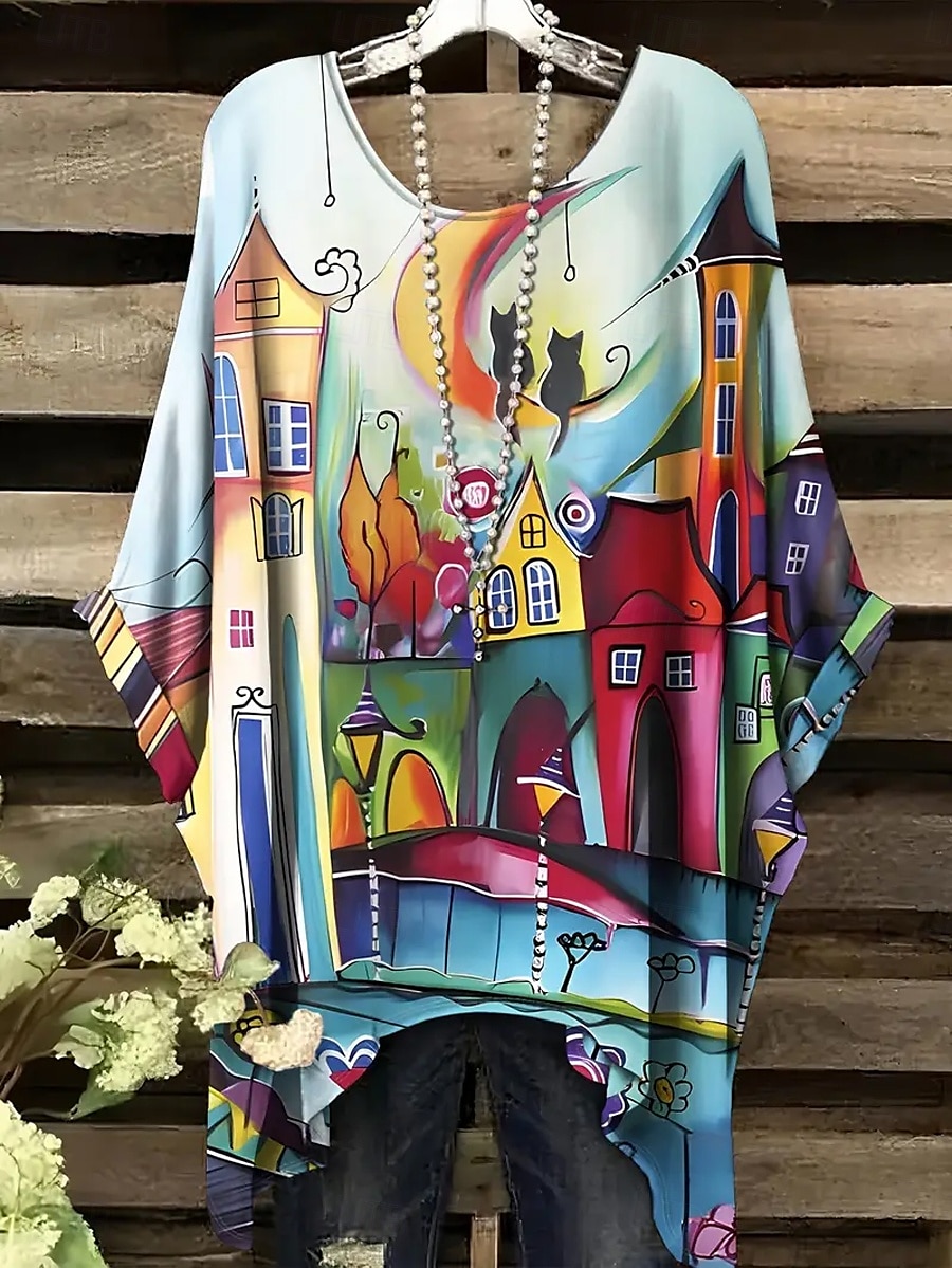 Dame Bluse Grafisk Dyr Katt Årgang Daglig Fritid Halvlange ermer Flaggermusermer Crew-hals Lange topper Daglig Ferie Strand Klær Assymetrisk Gul Rød Blå Kamel Grå Sommer Vår 2025 - $22.99 –P9