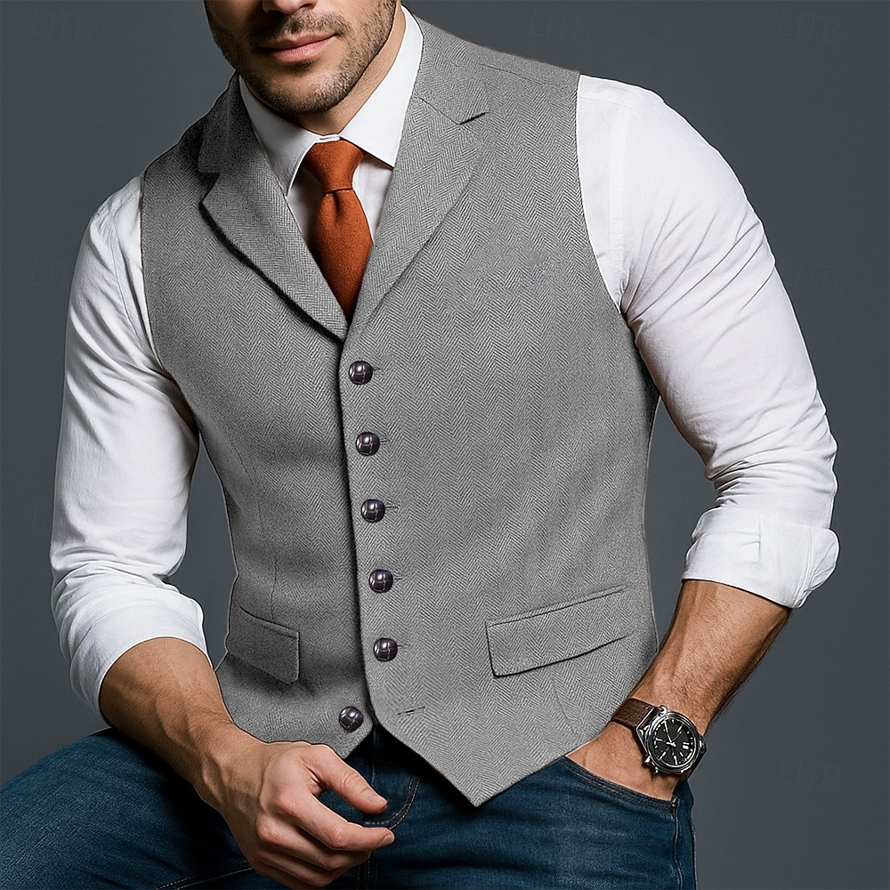 Herren Tweedweste Weste Formell Hochzeit Urlaub Täglich Mode Klassisch Frühling Herbst Tasche Knöpfe Polyester Tweed Bequem Einfach Fischgrätenmuster Einreihig V Ausschnitt Revers Schmale Passform 2025 - $35.99 –P10