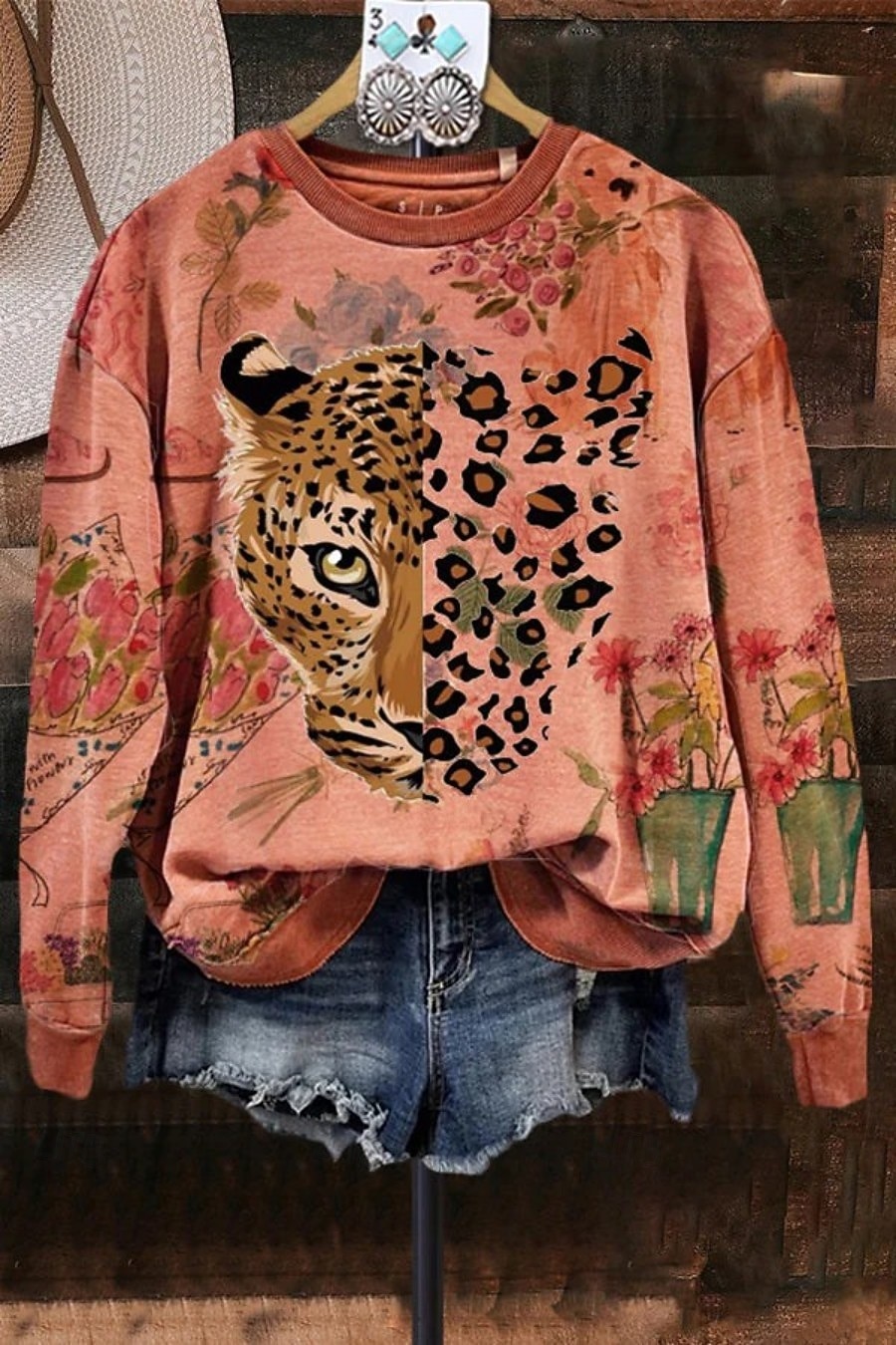 damegensere grafisk leopard avslappet langermet rund hals vanlig topper gate hverdagsbruk avslappet trykk lilla oransje grønn vår høst vinter 2025 - $24.99 –P1