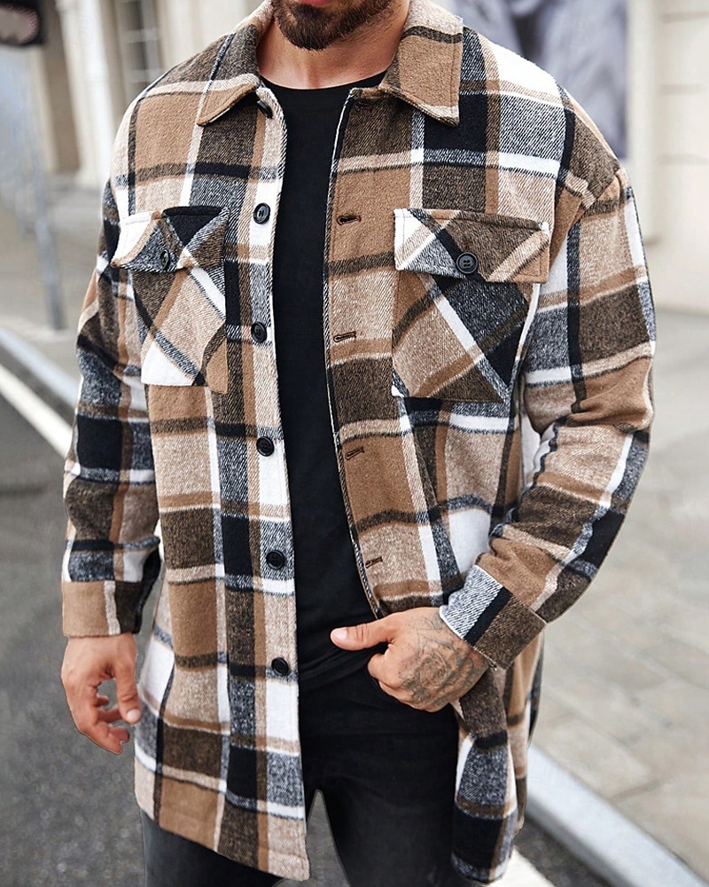 Bărbați Shacket Jachetă cămașă Jachete Iarnă Plisat Vacanță Purtare Zilnică Negru Roșu Vin Portocaliu Kaki Manșon Lung Rever Toamnă Iarnă Îmbrăcăminte Buzunar 2025 - $51.99 –P3