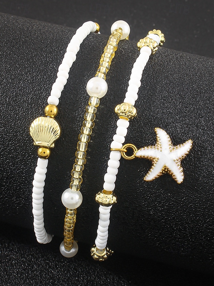 3-delat pärlhängesset för kvinnor – guldlegering och vita pärlor med sjöstjärnor och snäckor, bohemiska strandsmycken för sommarsemester och vardagliga outfits 2026 - $7.99 –P4