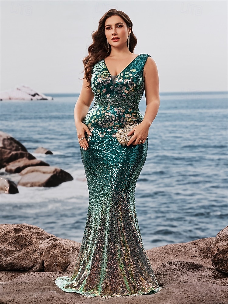 Meerjungfrau/Trompete Abendkleid, elegantes Kleid, formelle Abendparty, bodenlang, ärmellos, V-Ausschnitt, Herbst, Hochzeitsgast, Pailletten, V-Rücken mit Glitzerpailletten 2025 - $159.99 –P4