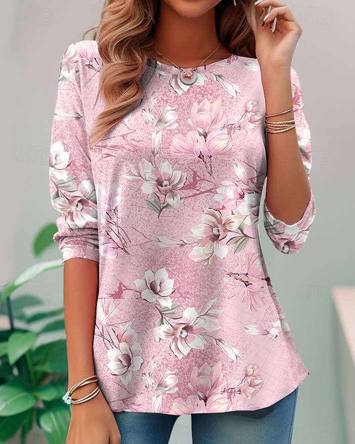 Dames T-shirt Afdrukken Bloemig Grafisch Planten Vintage Modieus Stijlvol Lange mouw Strakke ronde hals Normale tops Dagelijks Weekend blauw Zwart Blozend Roze Paars Groen Zomer Lente Herfst 2026 - $24.99 –P3