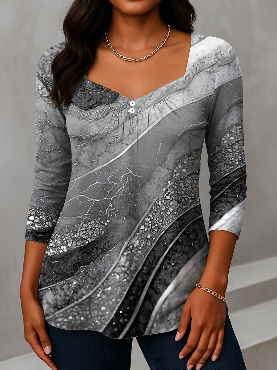 Per donna Maglietta Bottoni Stampato Ombre Grafico Vintage Moda Elegante Manica Lunga Scollo a V Collo asimmetrico Top Regolari Quotidiano Weekend Abbigliamento da vacanza Blu Giallo Viola Verde del 2026 a $24.99 –P5