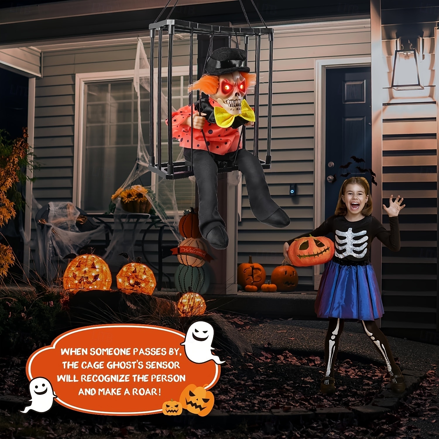 Decorazione animata di Halloween, 1 pezzo di clown urlante attivato dal sensore di movimento in gabbia con occhi luminosi, spettrale oggetto di scena fantasma prigioniero per decorazioni da del 2025 a $24.99 –P5
