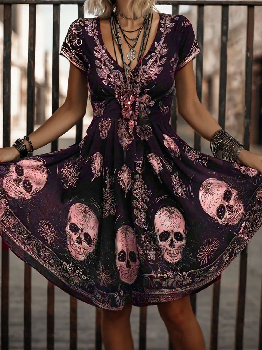Halloween Damskie Sukienka mini Codzienne sukienki Sukienka t-shirtowa Sukienka letnia Sukienka A line Urlop Codzienny Boho Plaża Regularny Graficzny Czaszka Krótki rękaw W serek Biały Rumiany r 2025 - $22.99 –P5