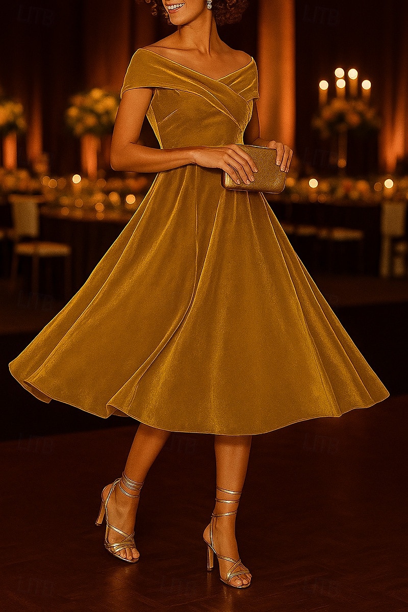 Vestidos de coquetel pretos em linha A, veludo elástico, elegante, vestido formal para casamento, comprimento chá, comprimento midi, ombro de fora com franzido 2025 de 2025 por $131.99 –P5