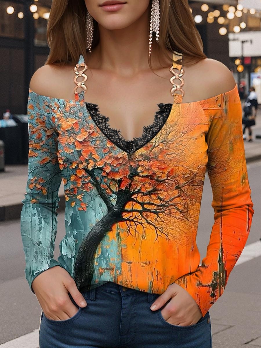 Damskie Podkoszulek Kwiaty Zabytkowe Codzienny Długi rękaw Z odsłoniętymi ramionami Zwykłe topy Codzienny Niejednolita całość Nadruk Czarny Czerwony Pomarańczowy Lato 2025 - $24.99 –P2