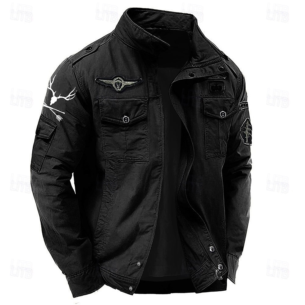 Men's Cotton Embroidered Military Jacket Windbreaker with Shoulder Straps Long Sleeve Standing Collar Multi-Pockets Trucker Jacket US Flag Print Tactical Outerwear 2025 - $49.99 –P2