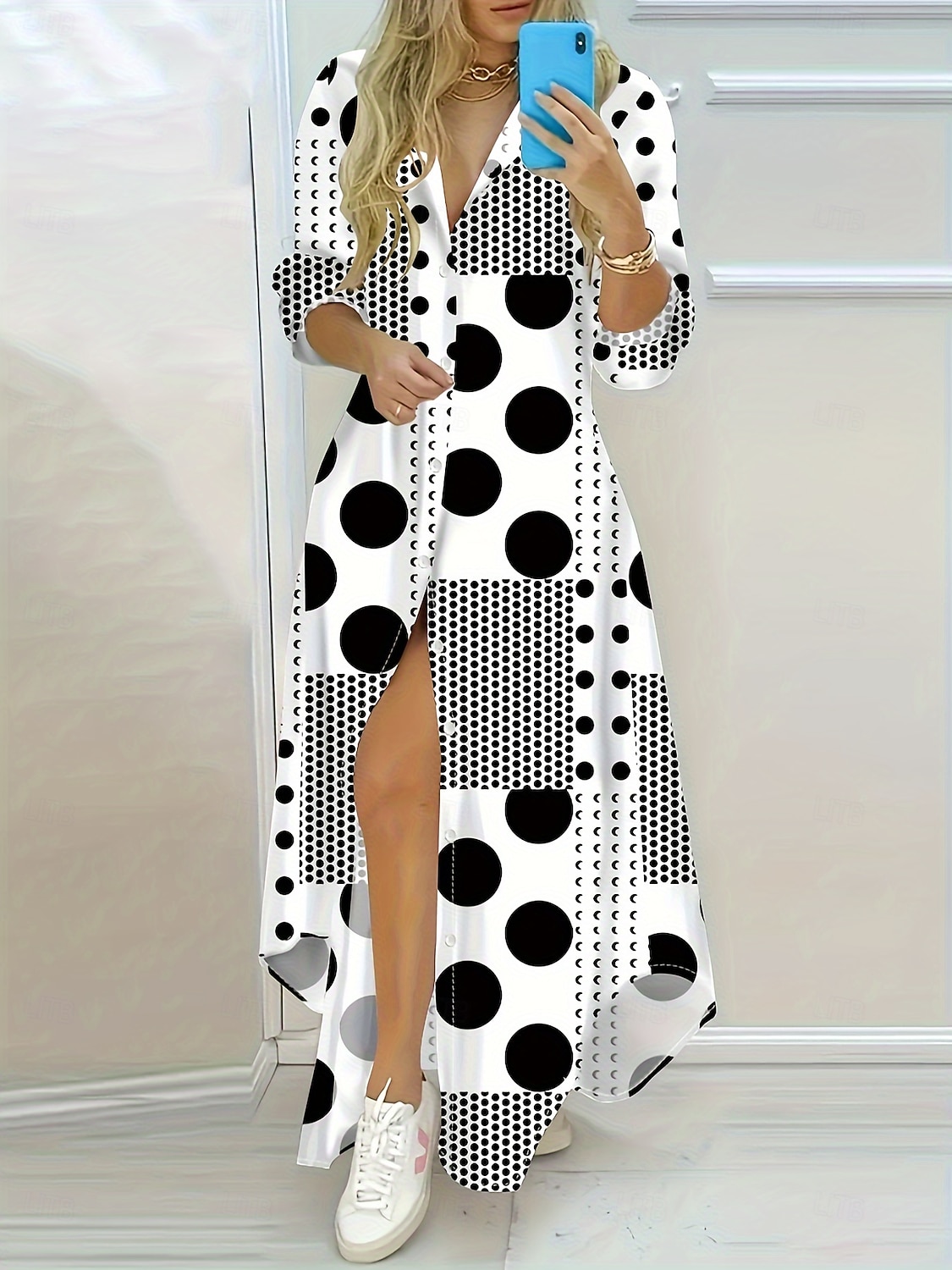 Pentru femei Rochie Maxi Rochii Tip Cămașă Rochie blazer Rochie teacă Vacanță Casual Petrecere Dată Fit regulat Grafic Geometric Manșon Lung Guler Cămașă Negru și Alb Negru Alb Galben Vară Primăvar 2025 - $38.99 –P8