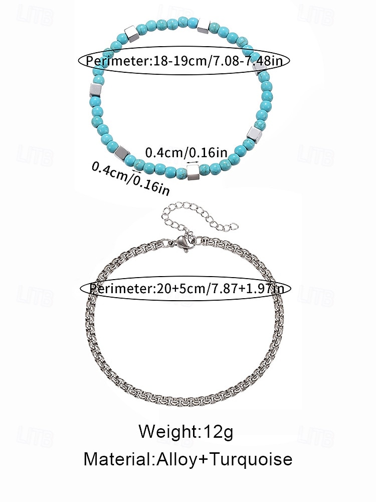 Men's Turquoise Beaded and Silver Chain Bracelet Set – Boho Beach Style Adjustable Jewelry for Casual, Summer and Vacation Outfits 2026 - $5.99 –P8