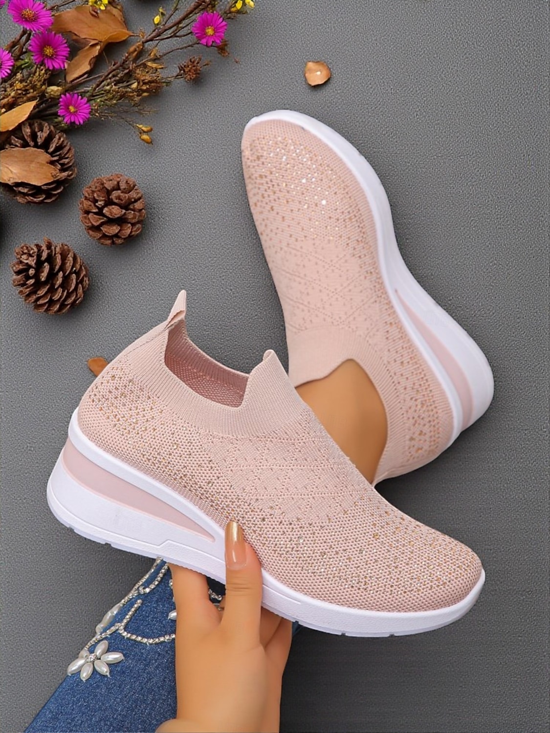 Pinke Flyknit-Slip-On-Sneaker mit Strasssteinen für Damen – atmungsaktive, leichte Keilschuhe zum Spazierengehen, für Fitness und den lässigen Alltag 2025 - $24.99 –P1