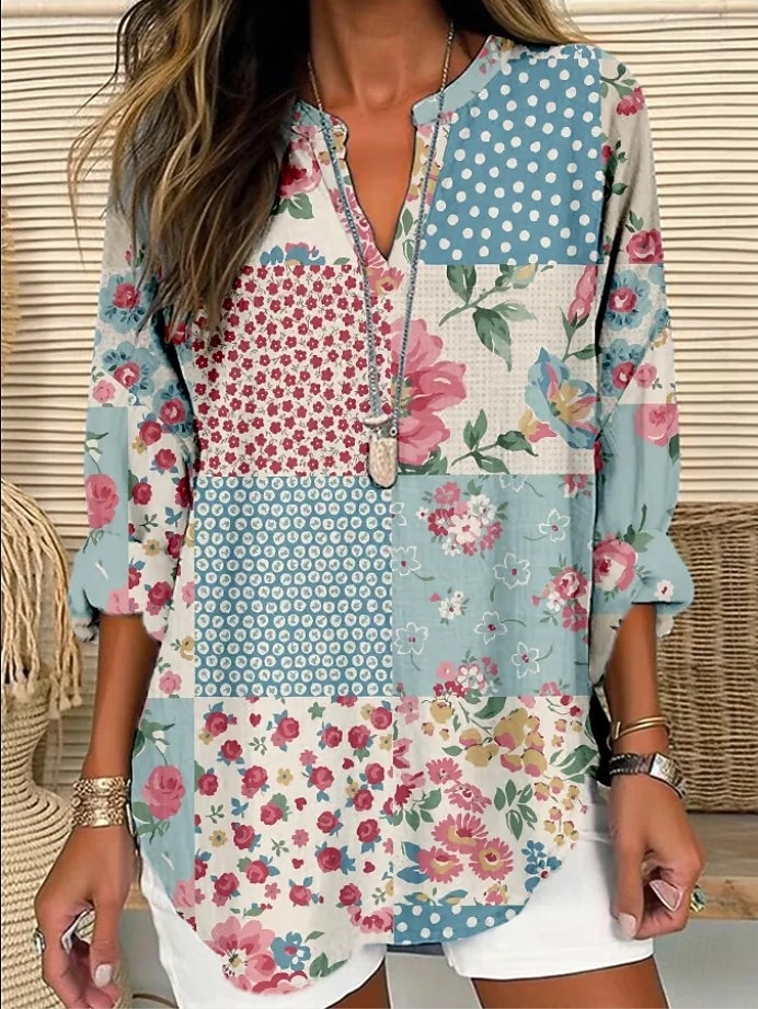 Blusa da donna in lino simile traspirante leggera tunica scollo a V a maniche lunghe boho casual grafico geometrico color block elegante bohemia vintage da indossare quotidianamente stampa blu denim del 2026 a $32.99 –P1