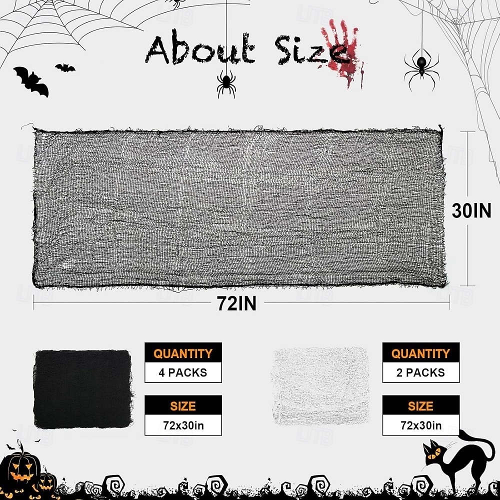 Lot de 6 gazes d'Halloween, tissu effrayant, 30 × 72 pouces, tissu effrayant pour Halloween, fournitures de maison hantée, fête en extérieur, intérieur (4 noires + 2 blanches) de 2026 ? $17.99 –P2