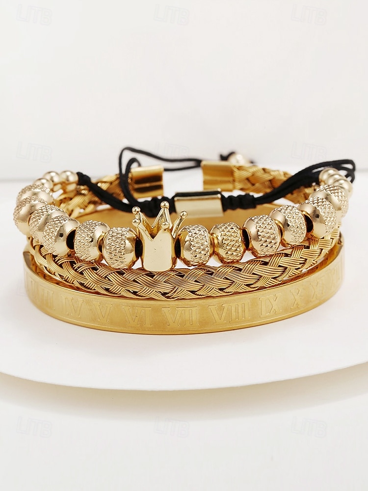 set di bracciali da uomo in acciaio inossidabile dorato: bracciale a 3 pezzi con corona di perline, polsino intrecciato e bracciale con numeri romani per abiti alla moda, feste e occasioni speciali del 2025 a $18.99 –P5