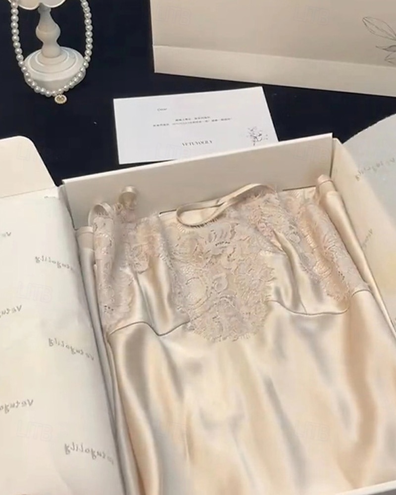 Damskie Piżama Koszula nocna Moda Codzienny Miękkie Czyste kolory Satynowa jedwabna piżama Koronka Niejednolita całość Dom Urlop Łóżko Bez rękawów Paski Beżowy Lato 2026 - $28.99 –P4