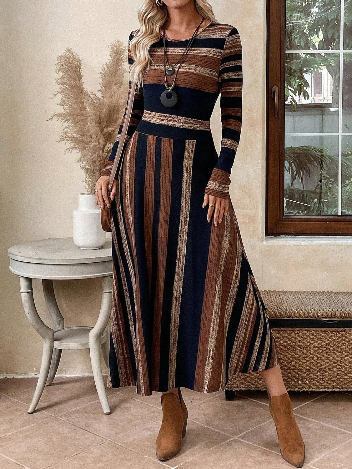 Damen Midikleid A Linie Kleid Figurbetontes Kleid Lässig Normale Passform Grafik Geometrisch Langarm Rundhalsausschnitt Braun Sommer Herbst Winter 2025 - $36.99 –P3