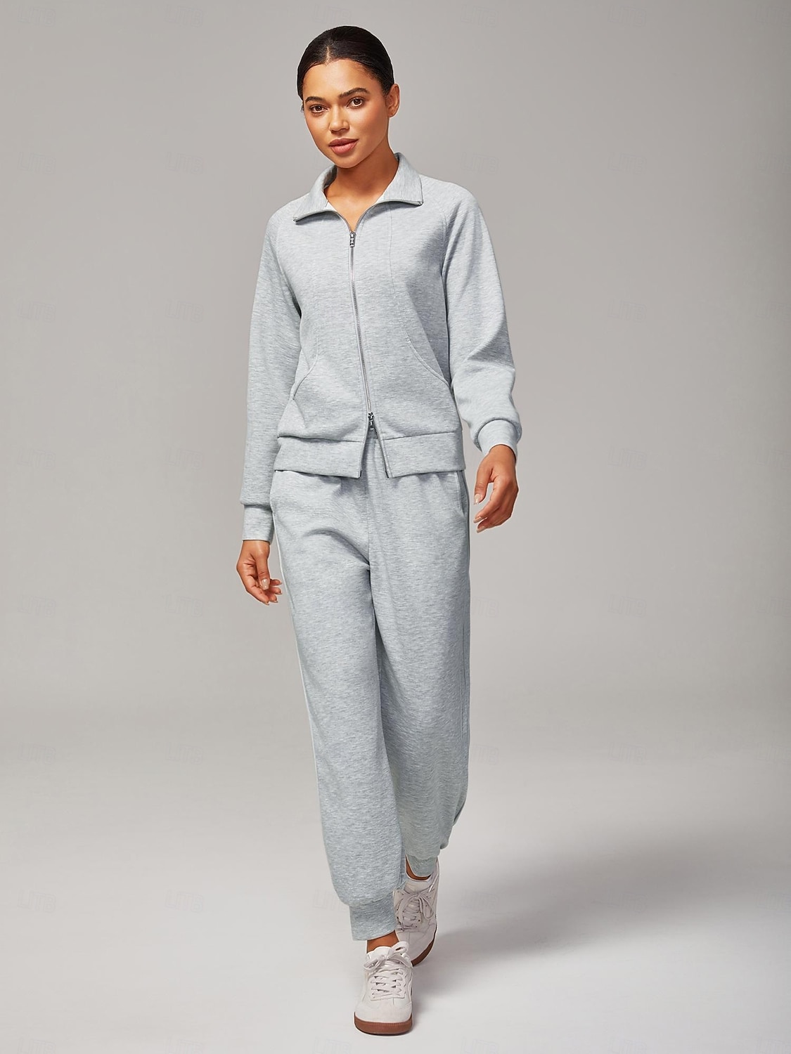 Jachetă tricotată elastică gri melanj pentru femei, guler înalt, buzunare duble cu fermoar, elegantă, confortabilă, din bumbac, casual, pentru lucru zilnic, versatilă, toamnă 2025 - $72.99 –P2