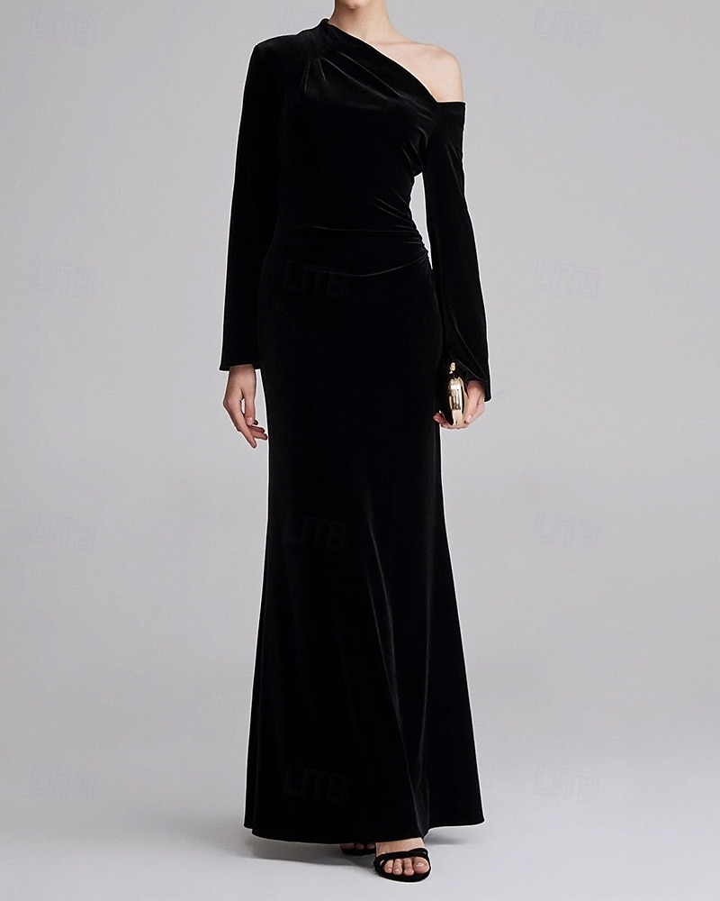 schwarze Krawatte Stretch-Samt Etuikleid/Säule Abendkleid elegantes Kleid formelle Hochzeit bodenlang langarm eine Schulter mit Falten 2025 2025 - $145.99 –P4
