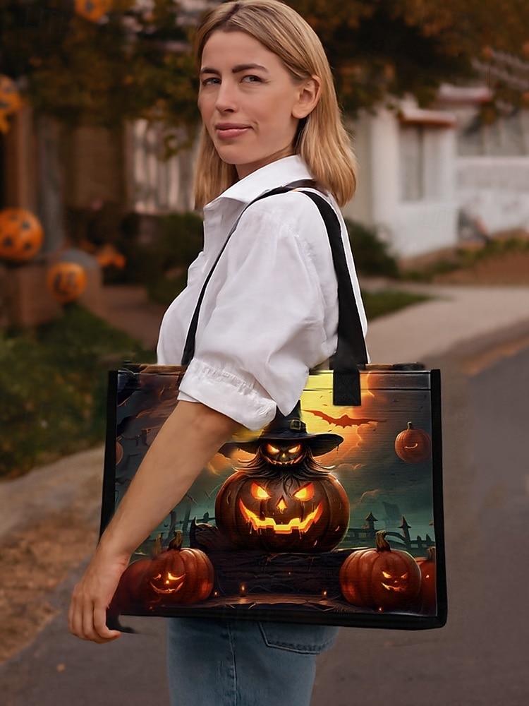 damska torba na Halloween z motywem dyni i nawiedzonego domu — duża, wielokrotnego użytku torba na zakupy z kieszenią na zamek i wytrzymałymi uchwytami, w stylu gotyckim, idealna na „cukierek albo psikus”, imprezy kostiumowe i do codziennego użytku 2025 - $19.99 –P2
