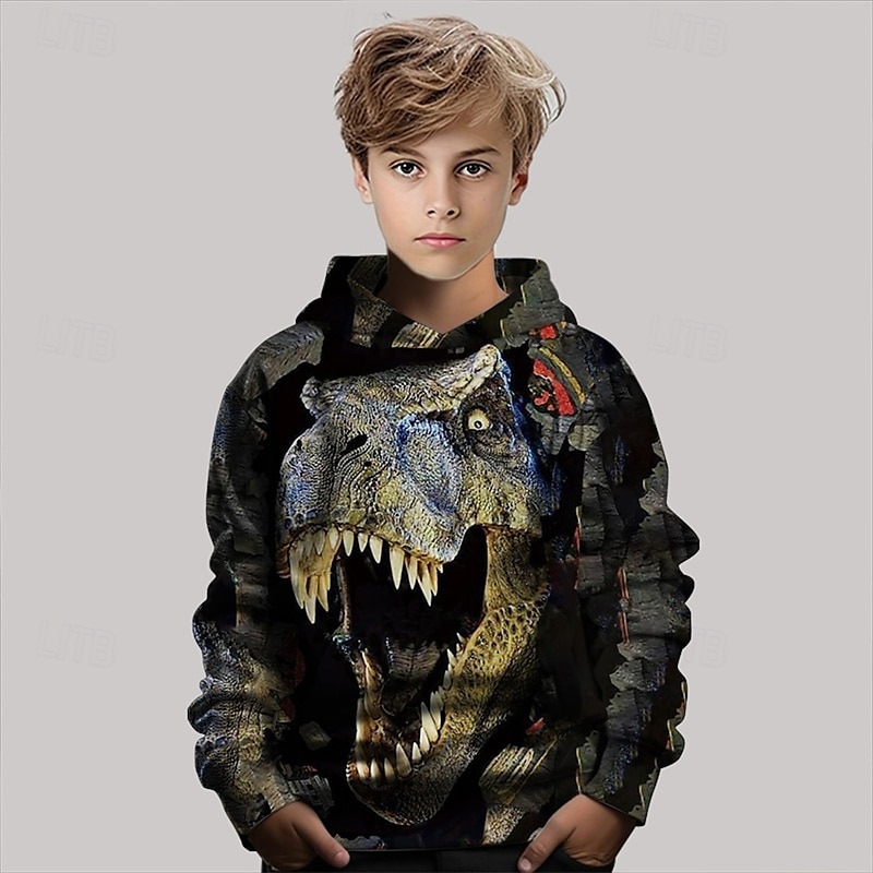 Pojkar 3D Dinosaurie Huvtröja Långärmad Vår Höst Mode Streetwear Barn 4-12 år Huva Utomhus Ledigt Dagligen Normal 2025 - $18.99 –P3