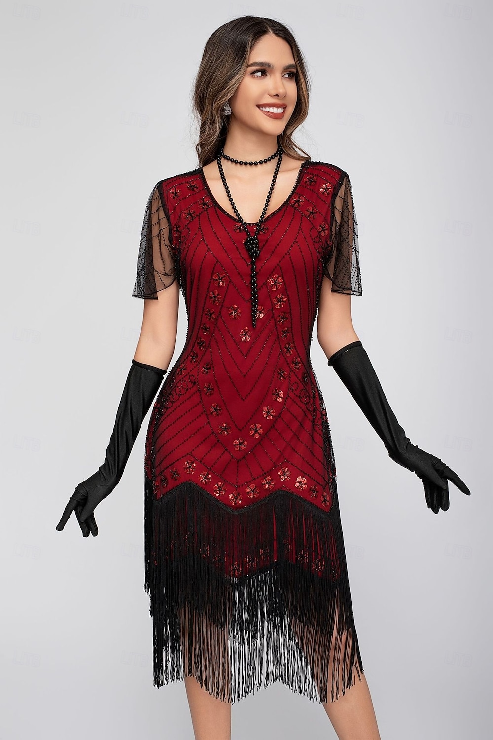 Rugido 20s 1920s Hasta la Rodilla Vestido Flapper Mangas cortas El gran Gatsby Chica de la aleta Lentejuelas Franja Funda Columna Escote en Pico Disfraz Mujer Navidad Carnaval Fiesta de Noche Boda 2026 - $46.99 –P18