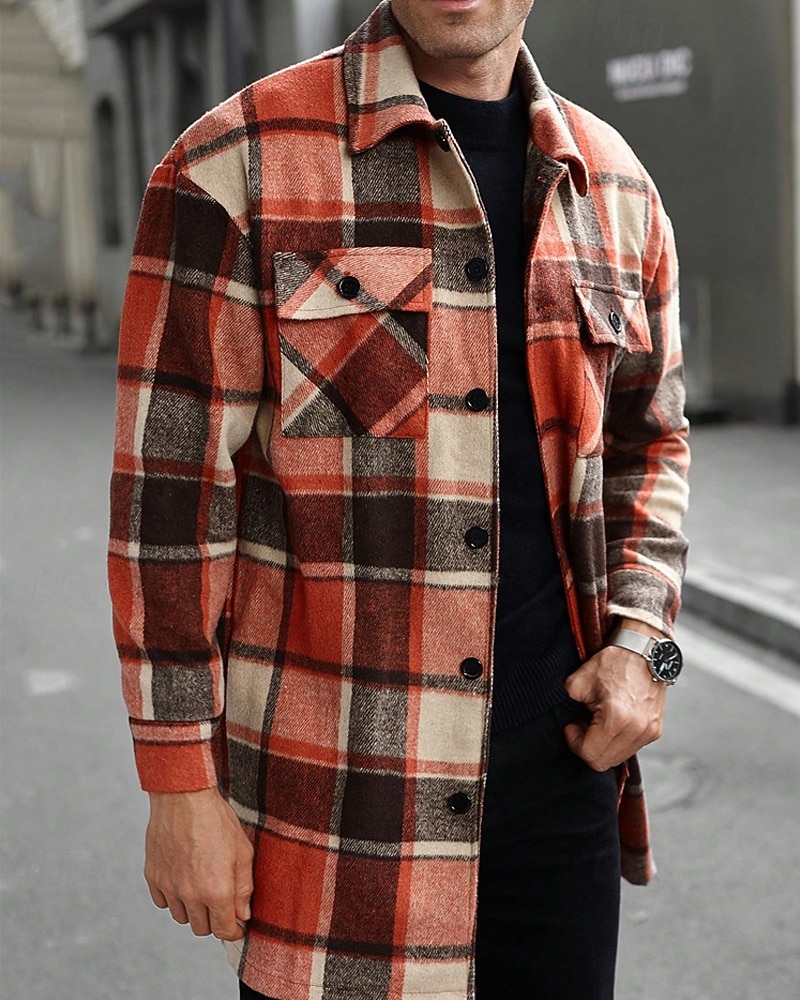Herren Leichte Jacke Hemdjacke Freizeitjacke Jacke-Shirt Urlaub Täglich Thermowarm Tasche Frühling Herbst Karomuster Mode Klassisch Revers Regulär Schwarz Wein Orange Khaki Armeegrün Jacken 2025 - $42.99 –P2