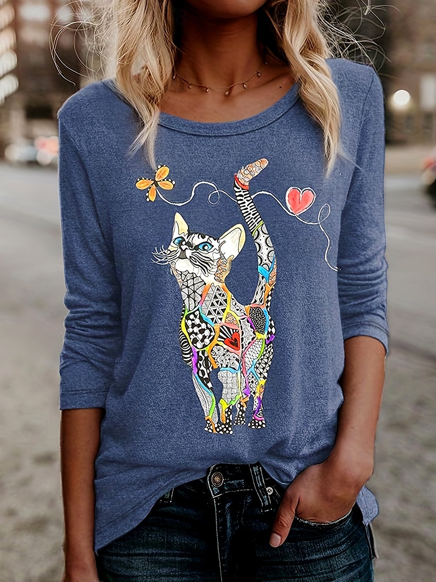 Γυναικείo T-shirt Μακρύ Μανίκι Λουλουδάτο Γραφικό Γάτα Vintage Στυλάτο Κλασικό Μακρύ Μανίκι Crew Neck Κανονικά Top Ημερήσια Εκτύπωση Μαύρο Μπλε Πράσινο Άνοιξη Φθινόπωρο Προφθινόπωρο 2026 - $24.99 –P5