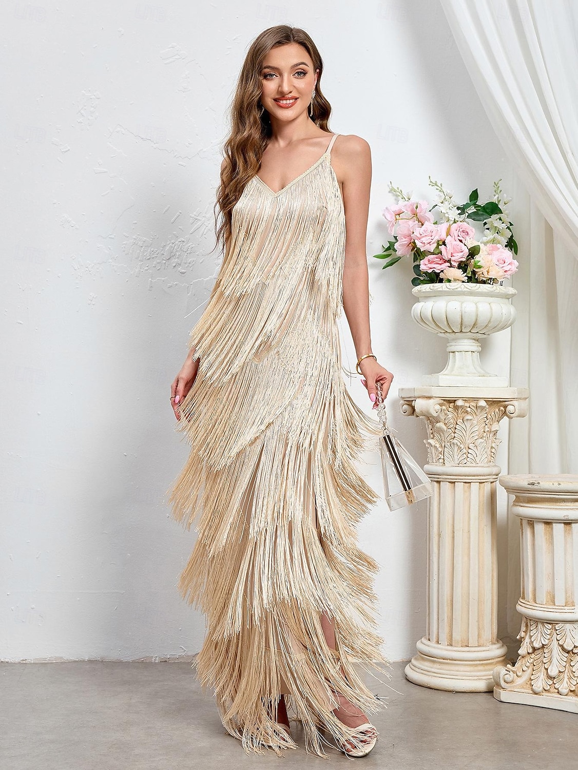 Anni Ruggenti Anni 1920 Lunghezza alla caviglia Vestito Nozze Addio al celibato Senza maniche Il grande Gatsby Invitato al matrimonio Frange Tubino Colonna Scollo a V Costume Per donna Natale del 2026 a $85.99 –P6