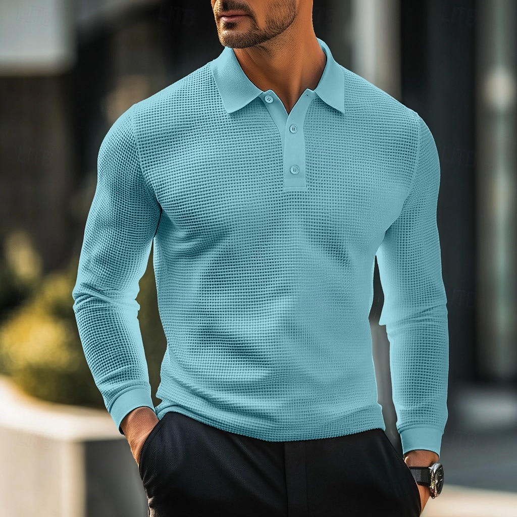 Herren Waffel-Poloshirts Golfshirt Straße Lässig Revers Langarm Basic Modern Einfach Texture Knöpfe Frühling Herbst Ganzjahres Normale Passform Weiß Schwarz Gelb Hellblau Burgunderrot Grau 2025 - $18.99 –P7